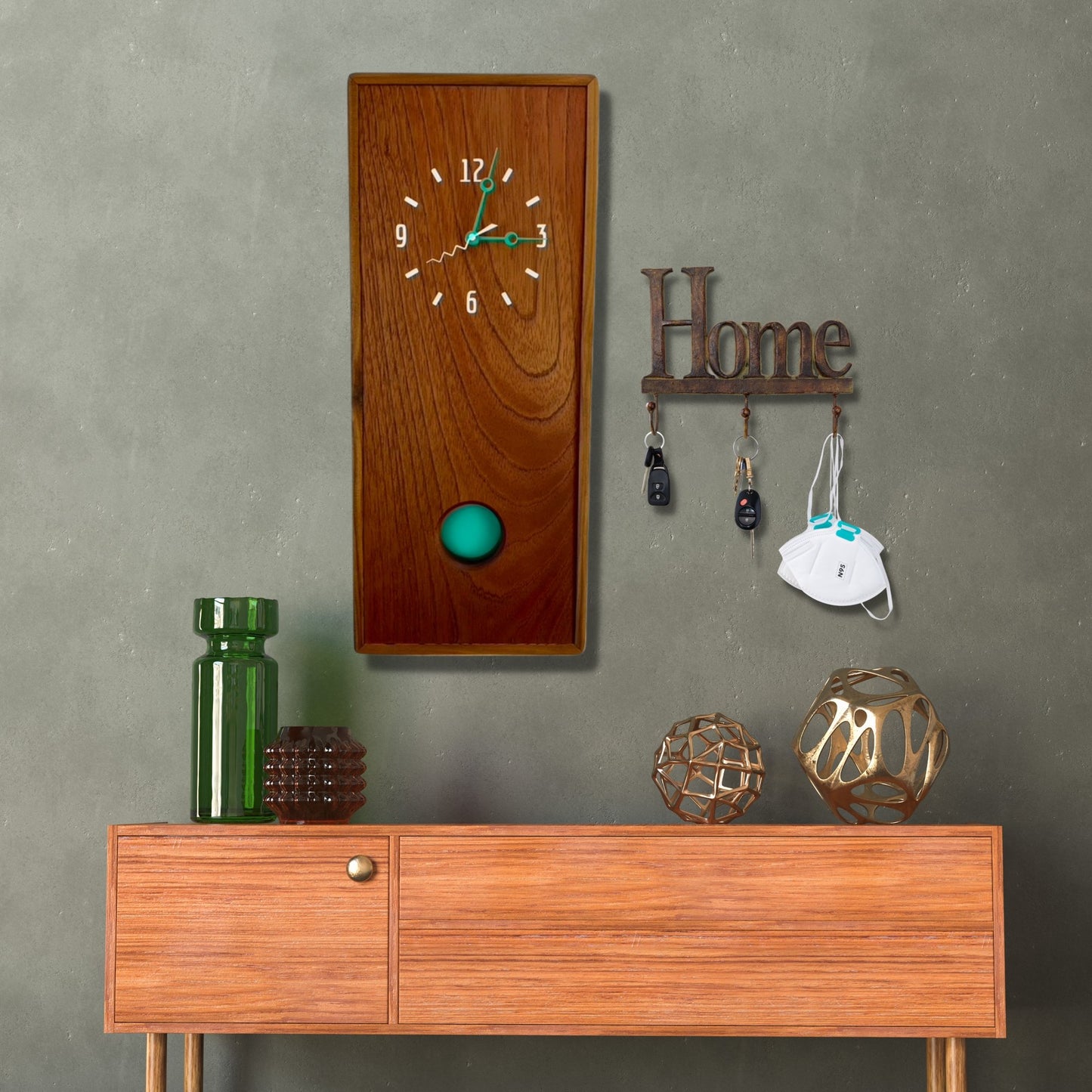 KingWood Pendulum Wall Clock In Cedar & Turquoise at entry way hall