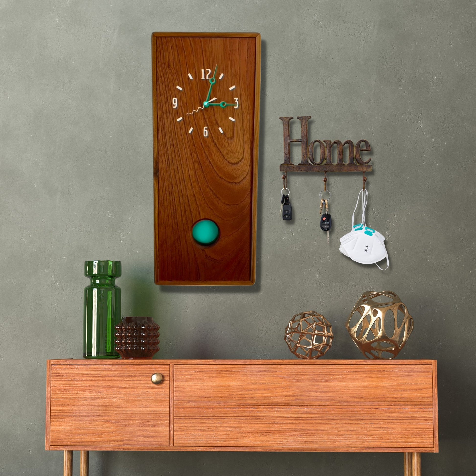 KingWood Pendulum Wall Clock In Cedar & Turquoise at entry way hall