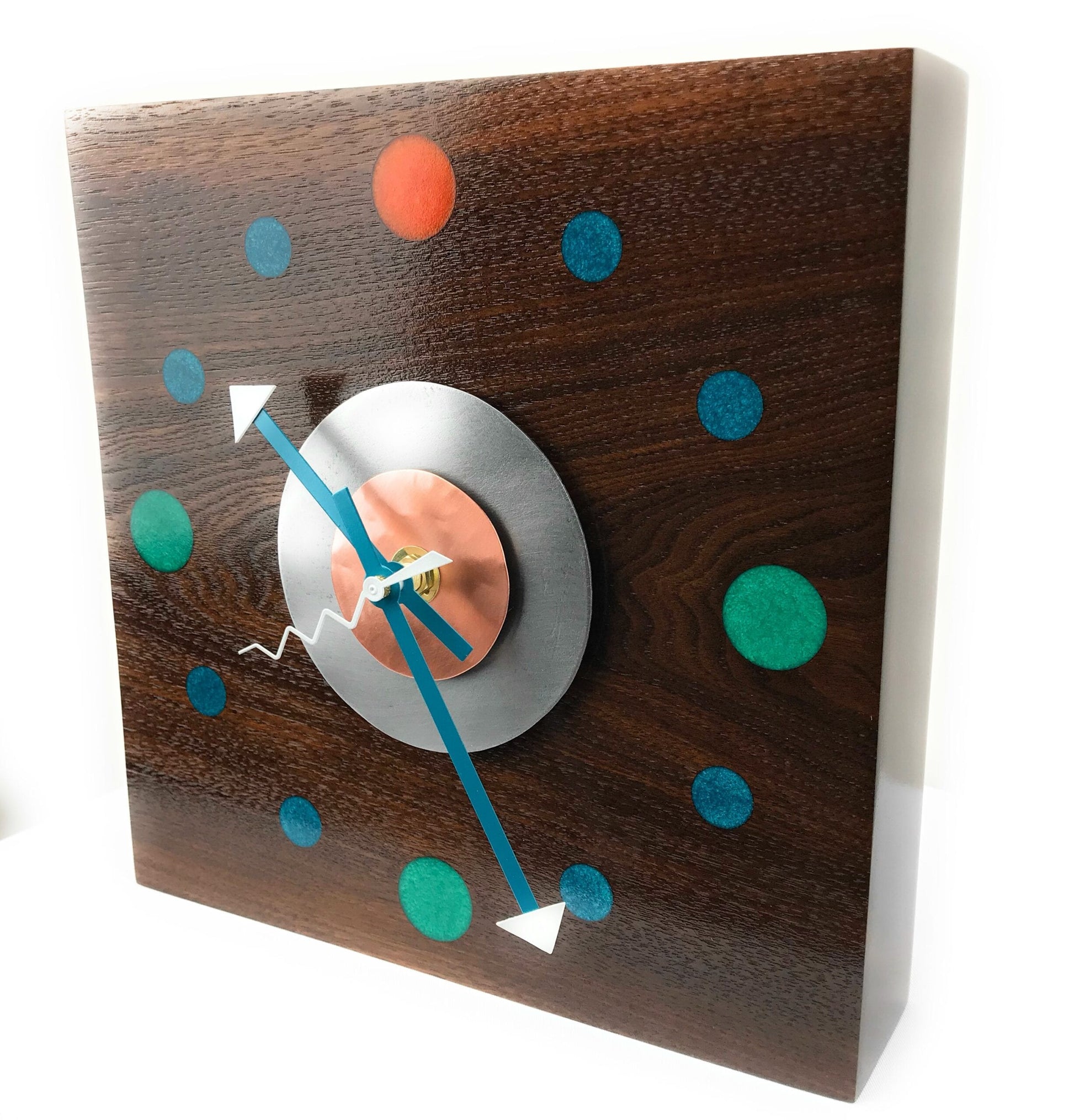 KingWood Reclaimed Walnut Slab "Aurora" Wall Clock with Epoxy Inlay & Steel / Copper