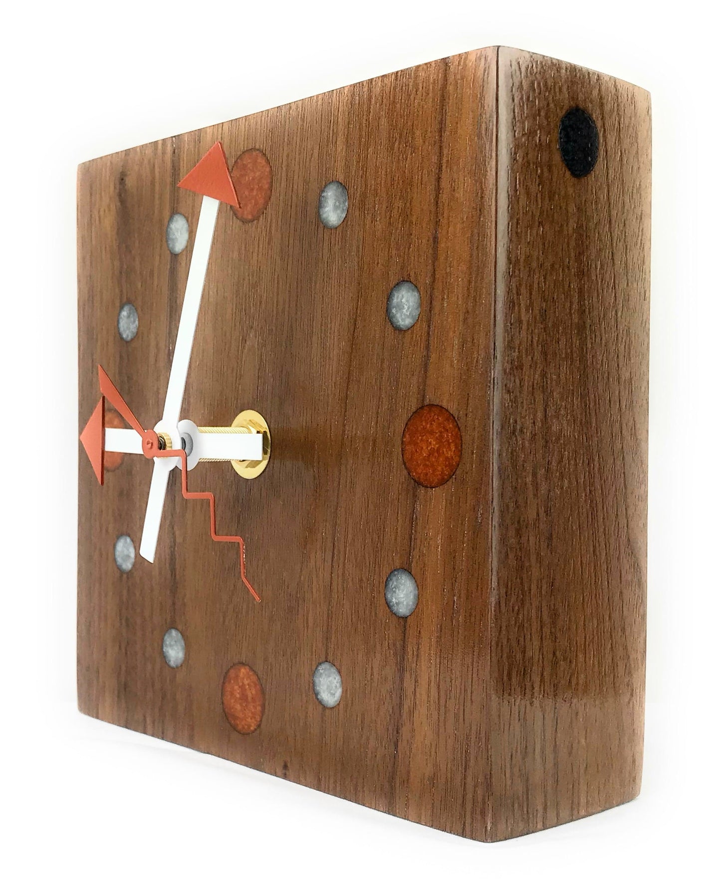 KingWood Reclaimed Walnut Slab Wall Clock w/ Epoxy Inlay Burnt Orange & Pearl White