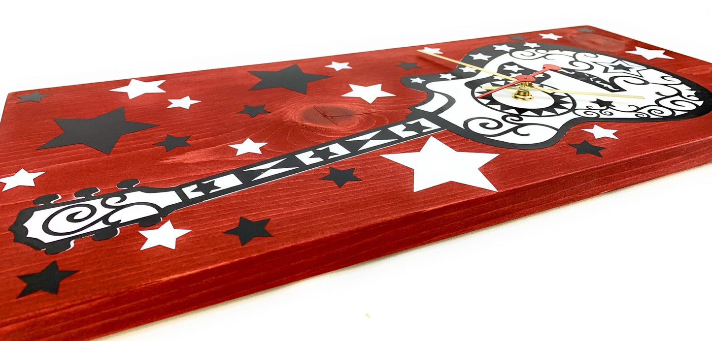 KingWood "Guitar Star" Wood Plank Wall Clock Red