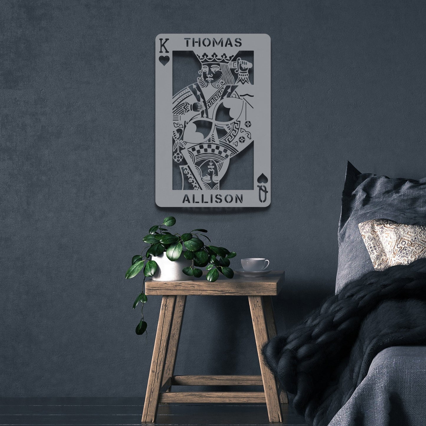 Personalized King & Queen of Hearts Metal Wall Art silver