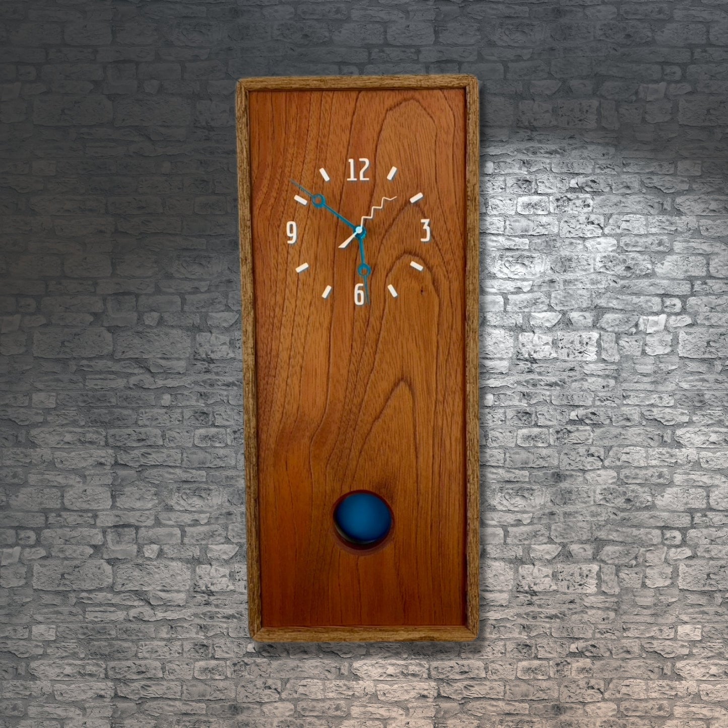 KingWood Pendulum Wall Clock In Cedar & Blue on brick accent wall for home decor