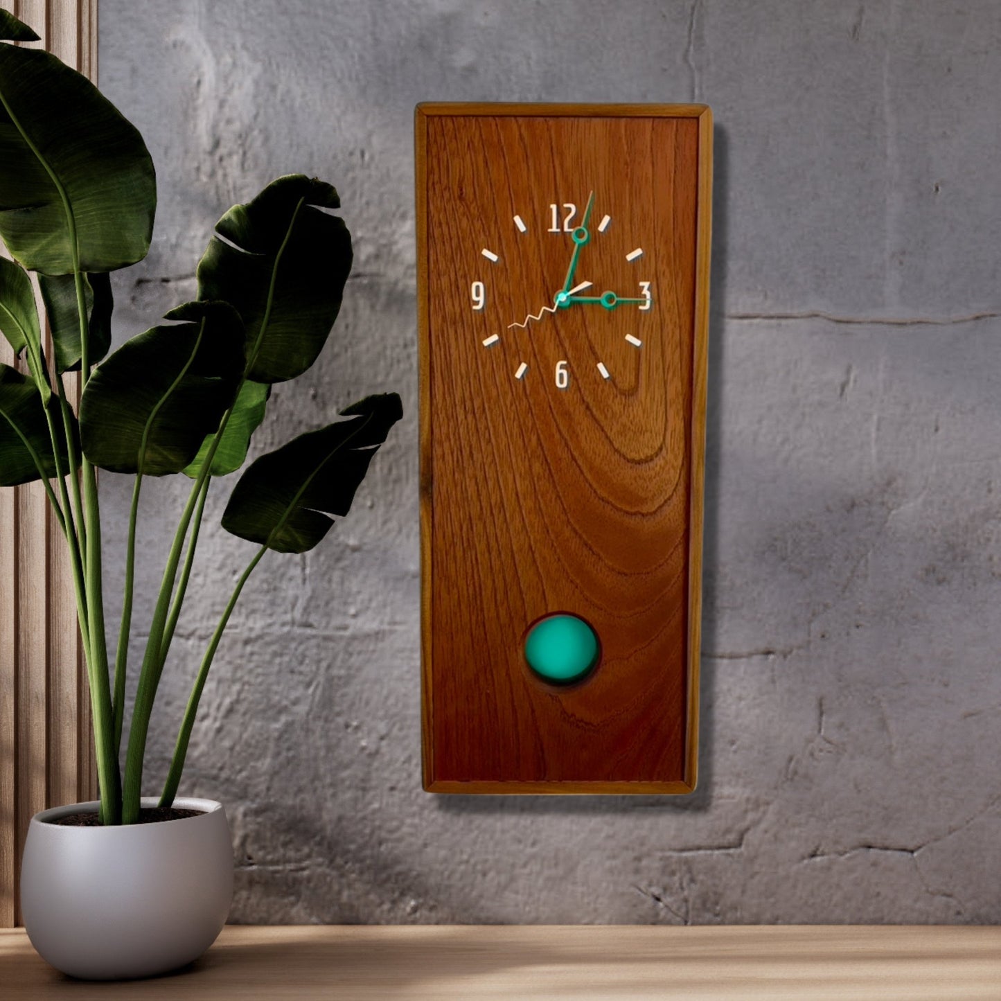KingWood Pendulum Wall Clock In Cedar & Turquoise on grey wall in living room