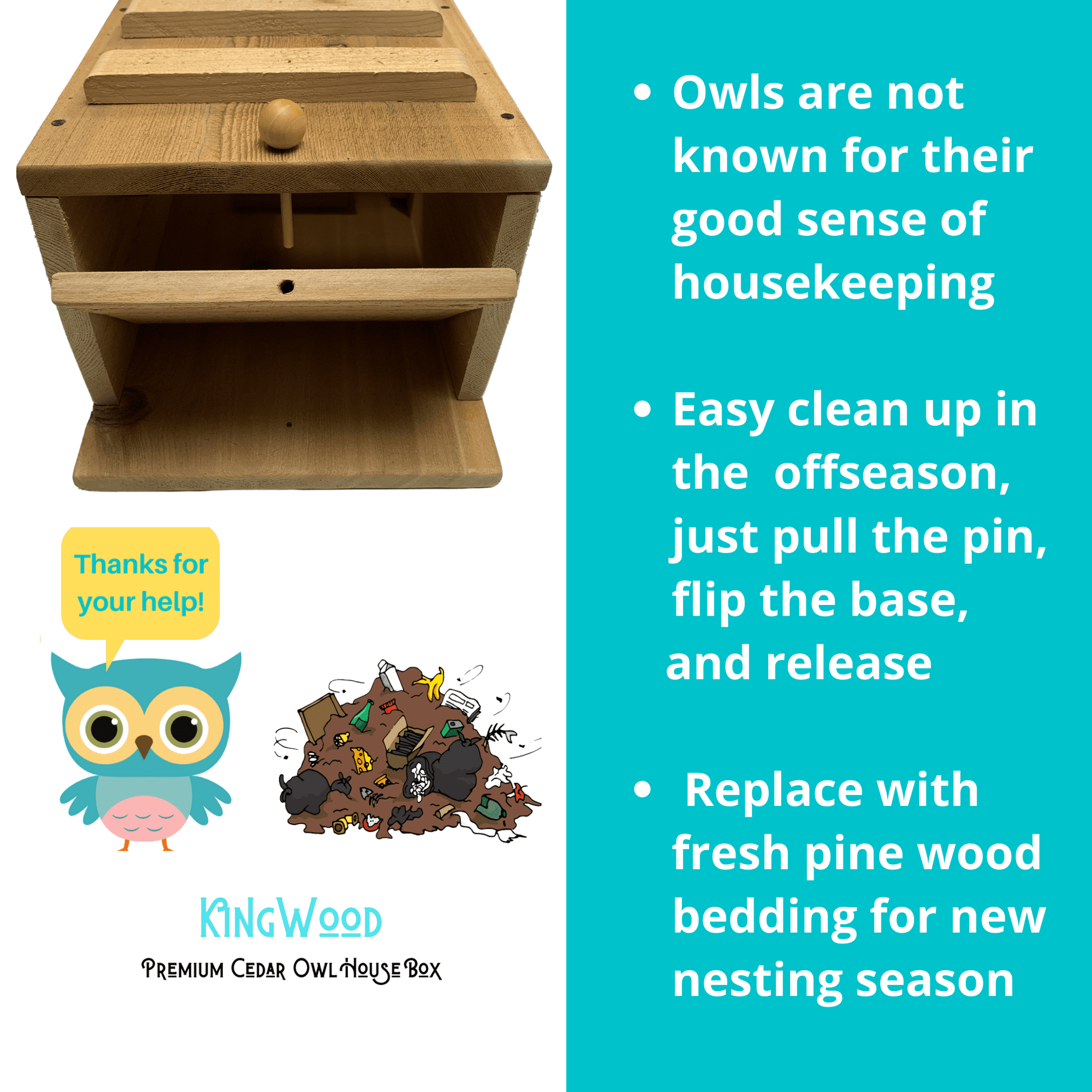 KingWood Premium Cedar Owl Box Slide Debris