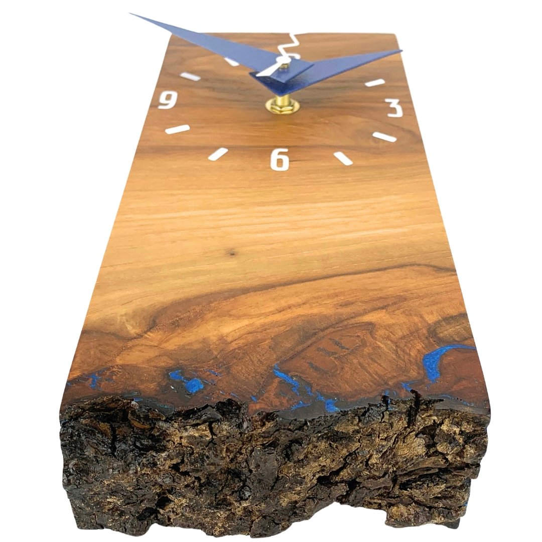 KingWood Live Edge Texas Pecan Slab Wall Clock "Blue Lightning"