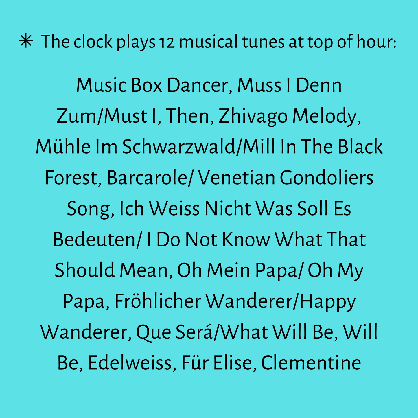 Quartz Train Cuckoo Clock,
Black Forest w/ Music song list
