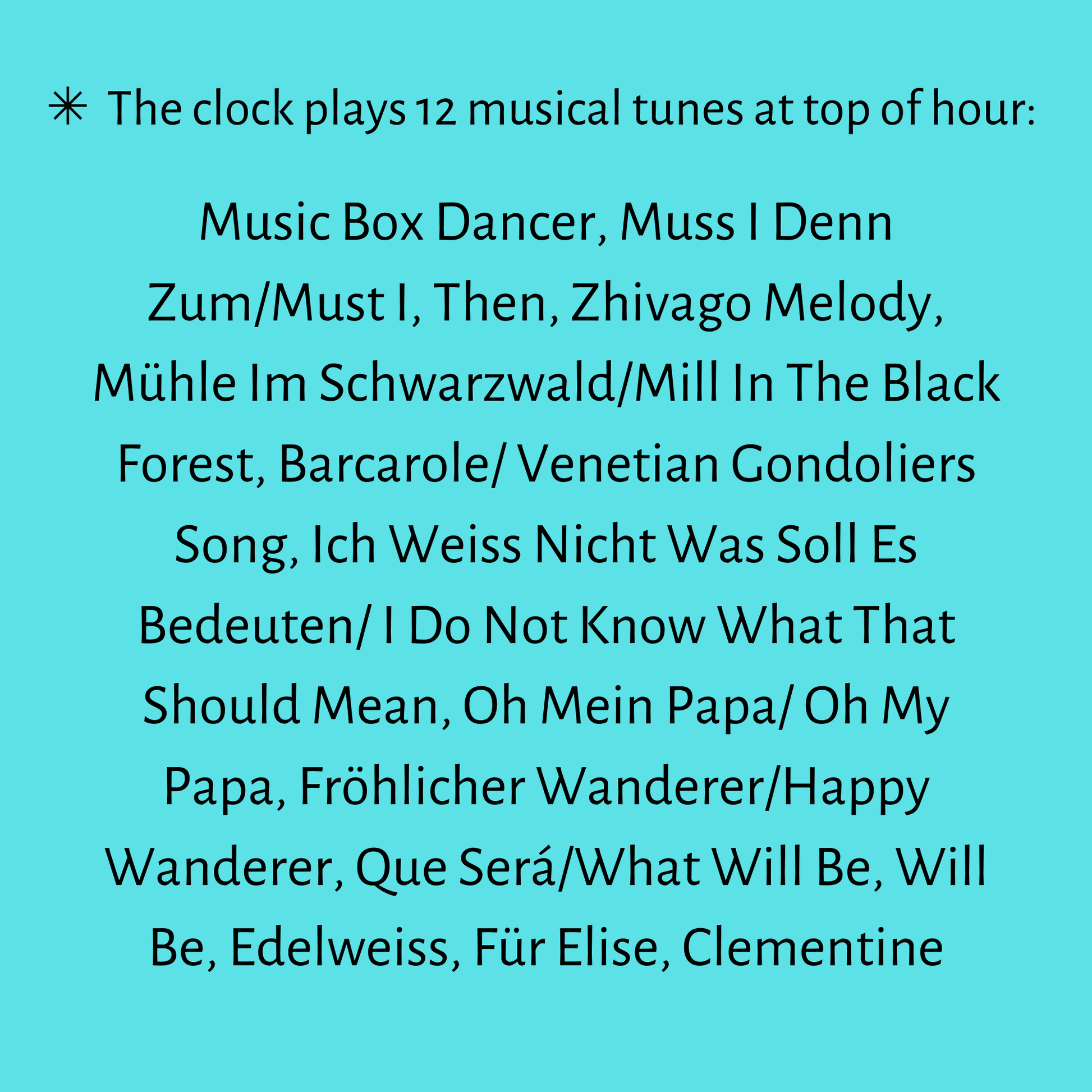 Quartz Train Cuckoo Clock, 
Black Forest w/ Music song list