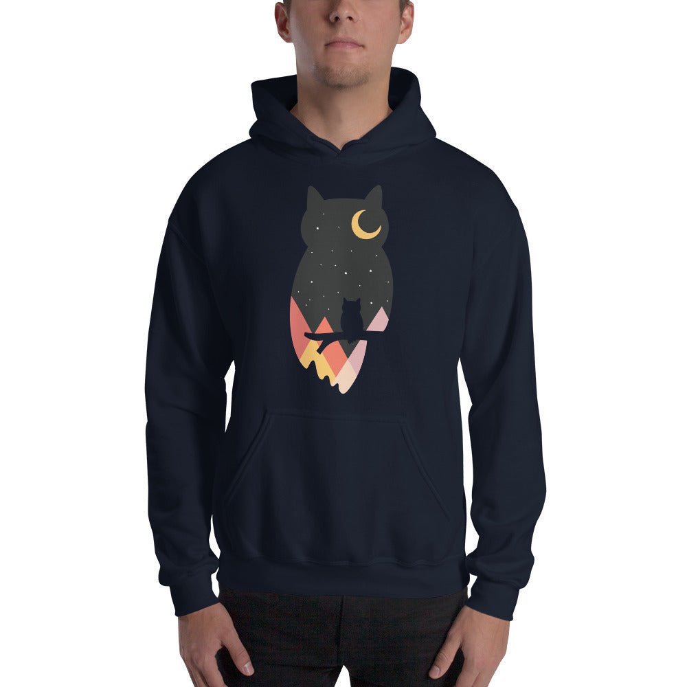 Mountain Moonlight Owl Hoodie, Unisex dark blue