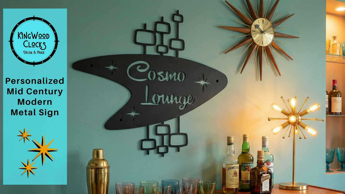 Mid Century Modern Boomerang Metal Sign reading Cosmo Lounge mounted above a retro home bar with starburst clock, brass lamp, and colorful cocktail glasses in teal and gold tones.
