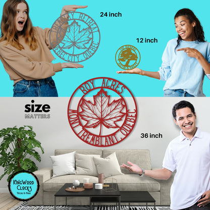 Collage of people holding metal wall art with sizes displayed, set against a blue background.