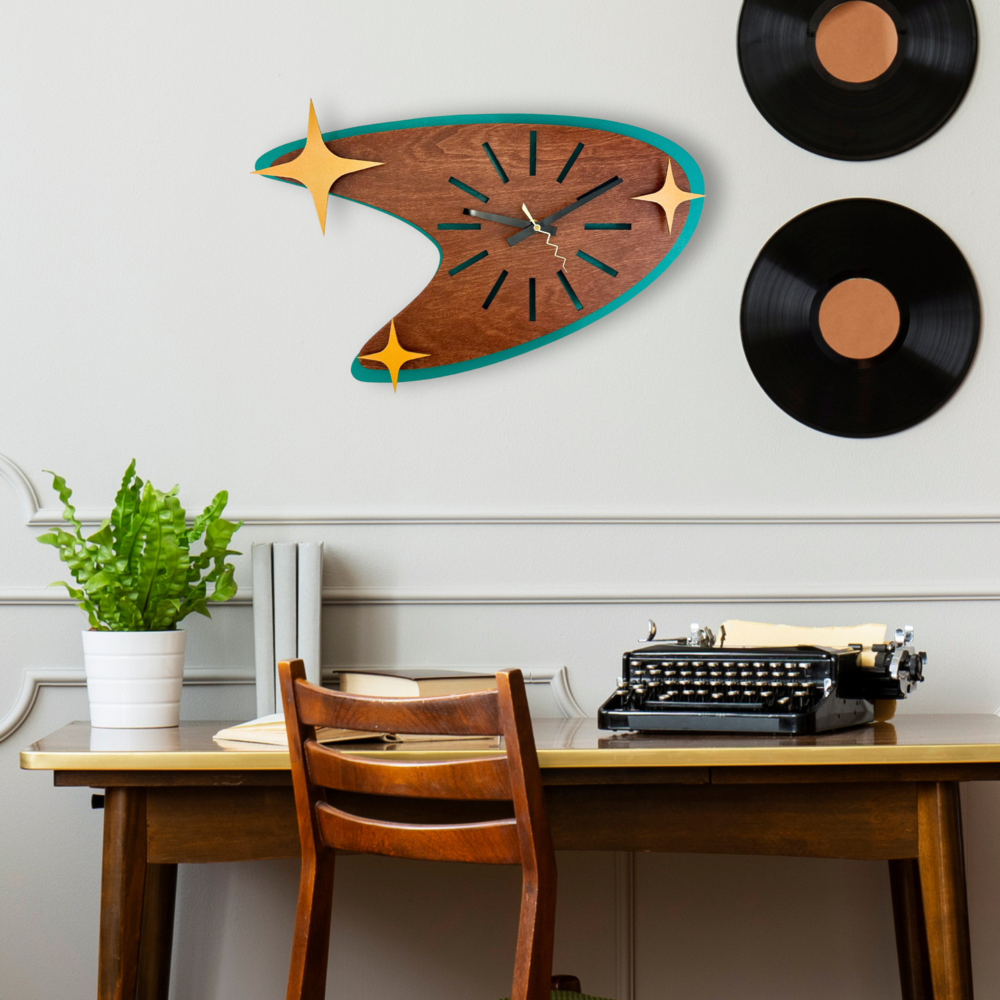 Mid Century Modern Boomerang Clock, blue and gunstock