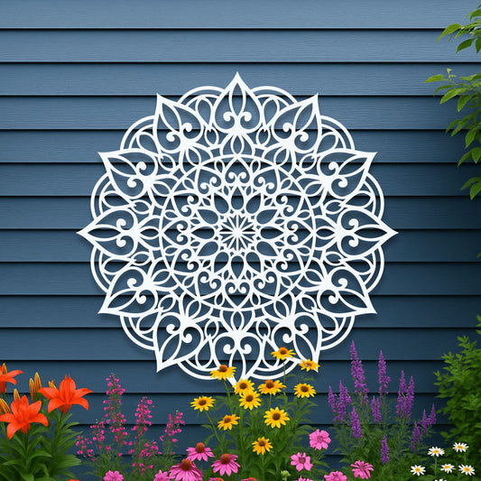 Decorative white mandala wall art on a blue wooden panel background with flowers in the foreground.