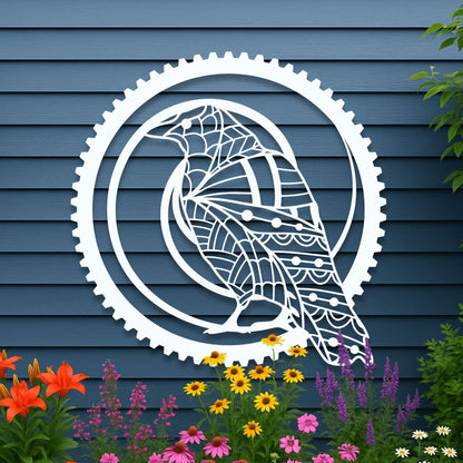 Decorative metal wall art of a stylized bird in a gear on a blue wooden wall with flowers below.
