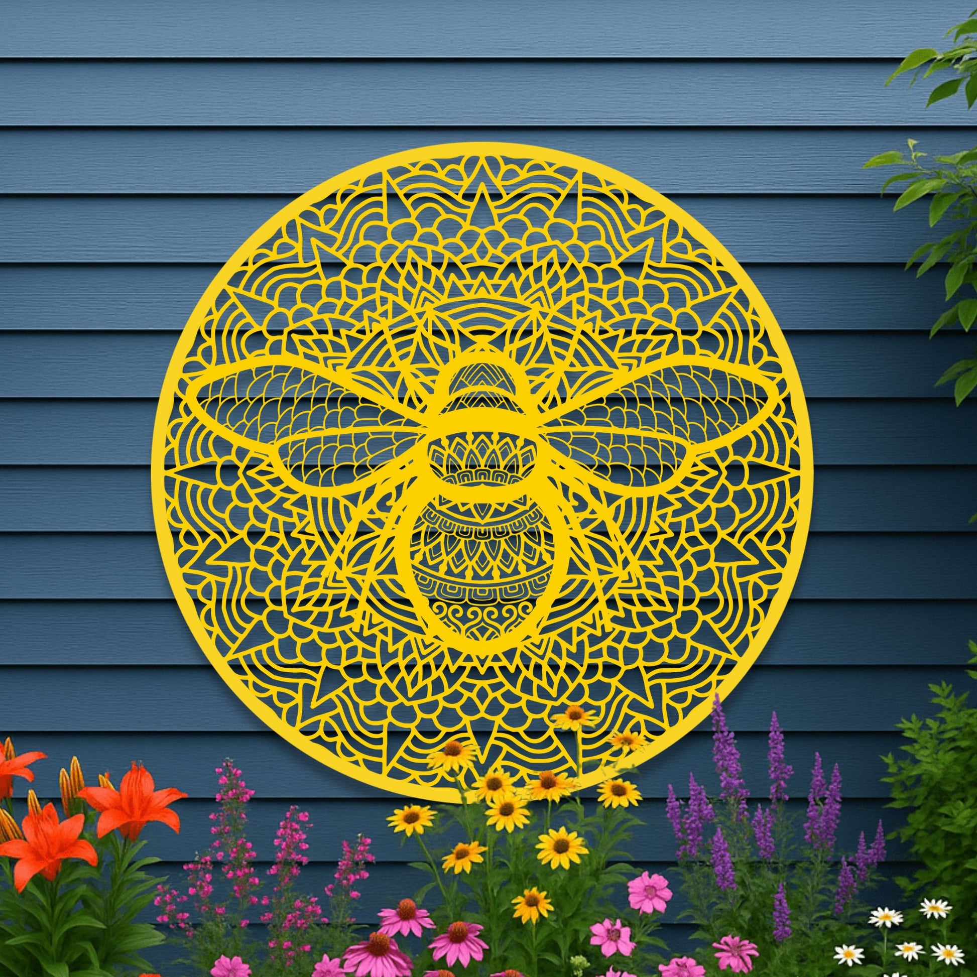 Decorative yellow bee design on a blue wall with flowers below