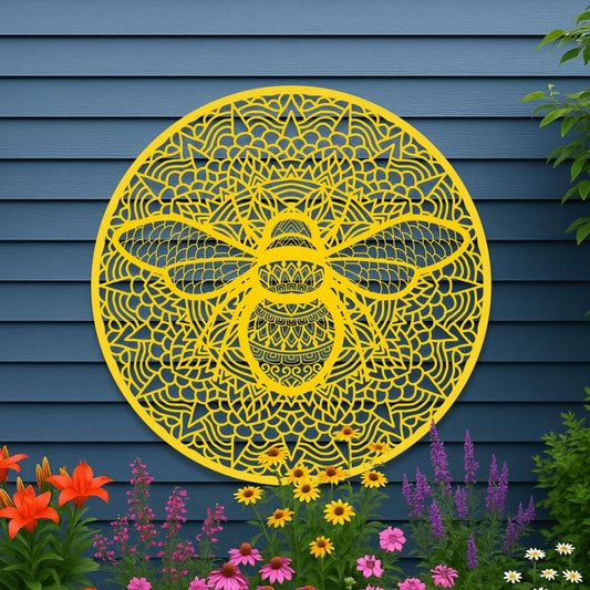 Decorative yellow bee design on a blue wall with flowers below