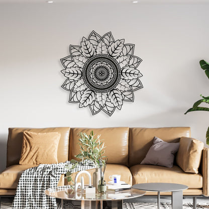 Decorative wall art above a brown sofa in a living room setting