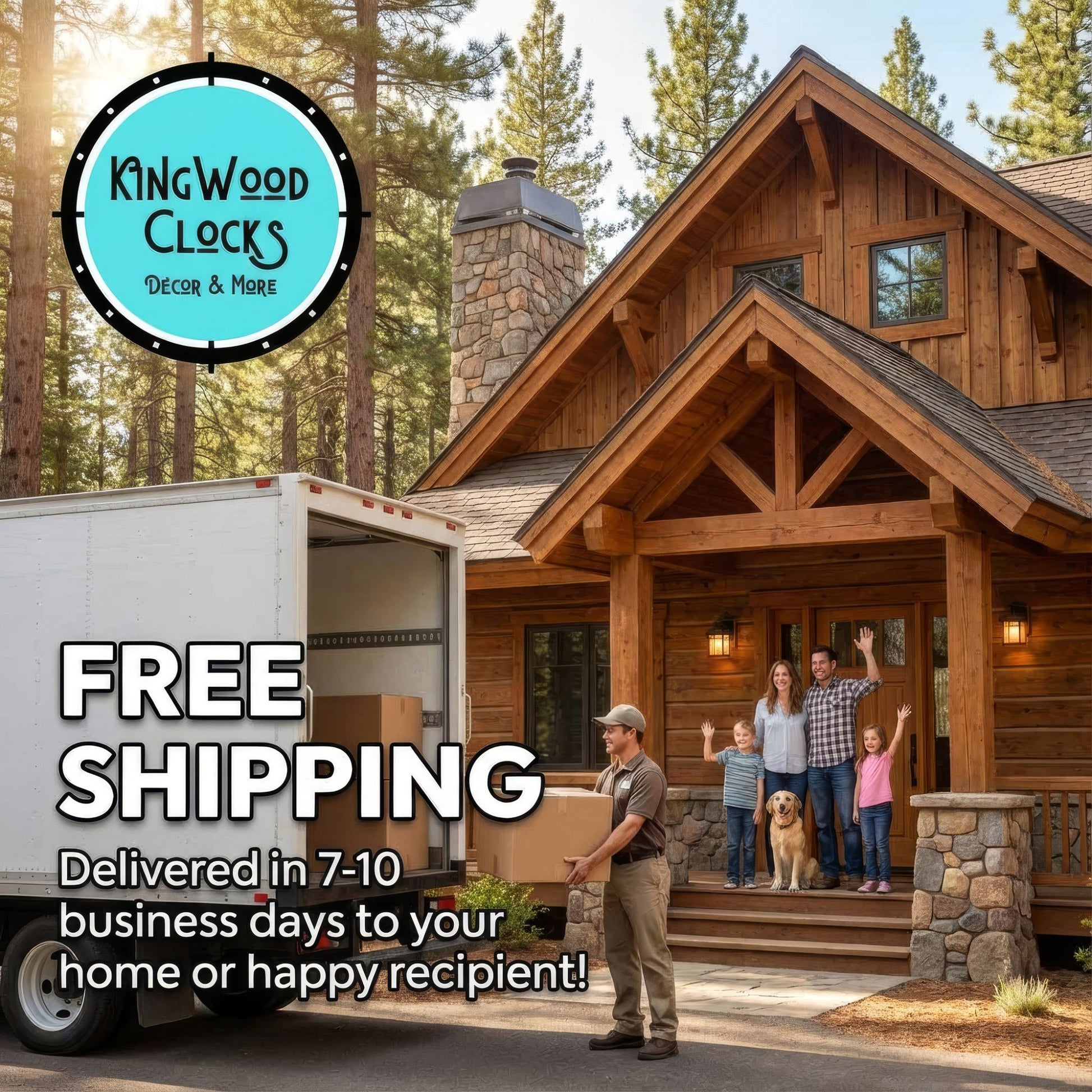 Family with a dog standing on the steps of a wooden house with a moving truck and 'Kingwood Clocks' logo.