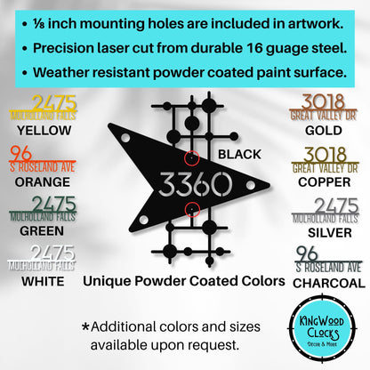 Black metal star-shaped sign with mounting holes and color options on a white background