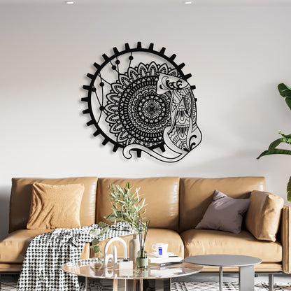 Decorative wall art with mandala design above a brown sofa in a living room.