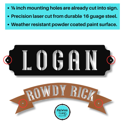 Two metal signs with engraved names on a white background, featuring text about sign details.