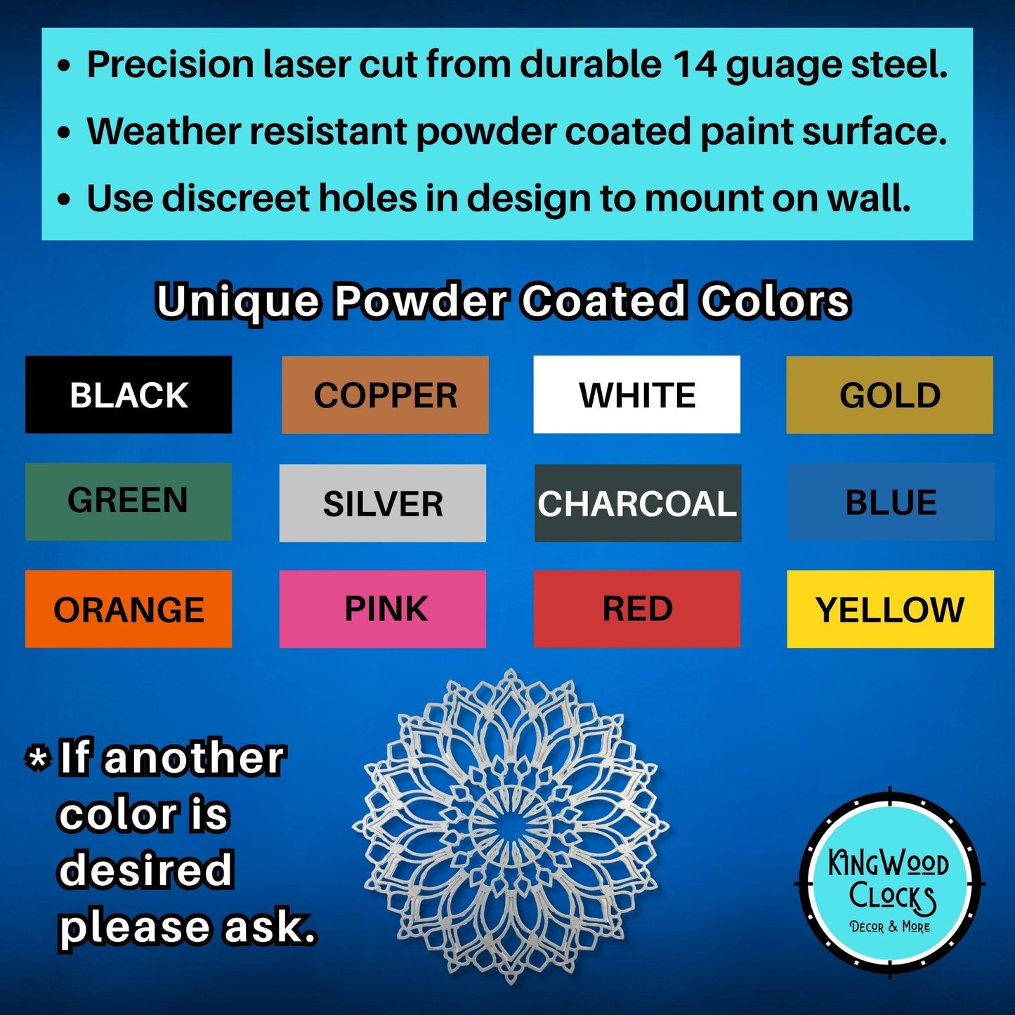 Color chart for powder-coated metal products with Kingwood Clocks branding.