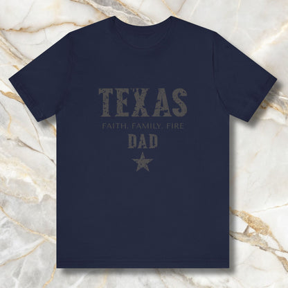 Navy blue t-shirt with 'TEXAS FAITH FAMILY FIRE DAD' text on a marble background