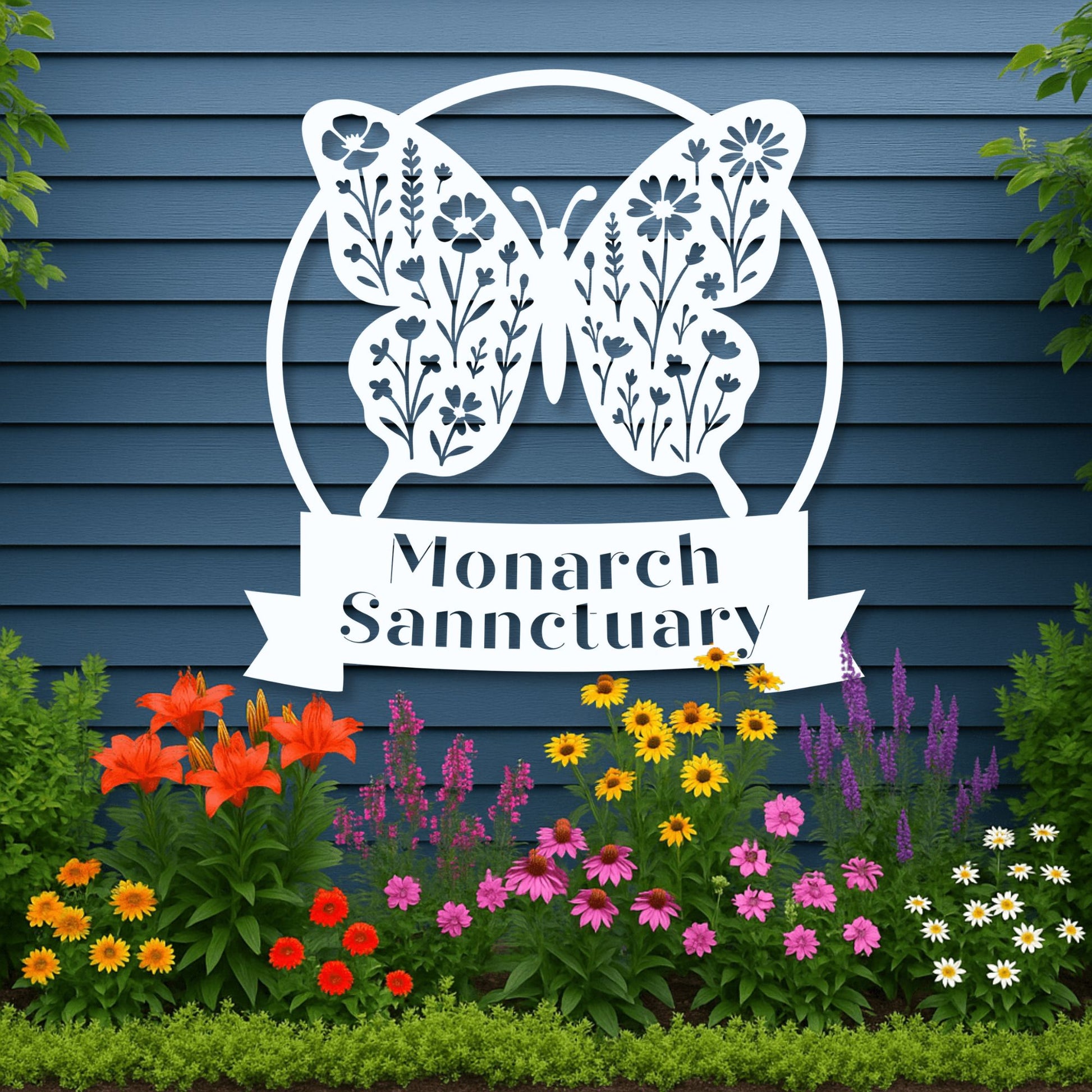Decorative metal butterfly sign with 'Monarch Sanctuary' text, surrounded by colorful flowers against a blue wooden background.