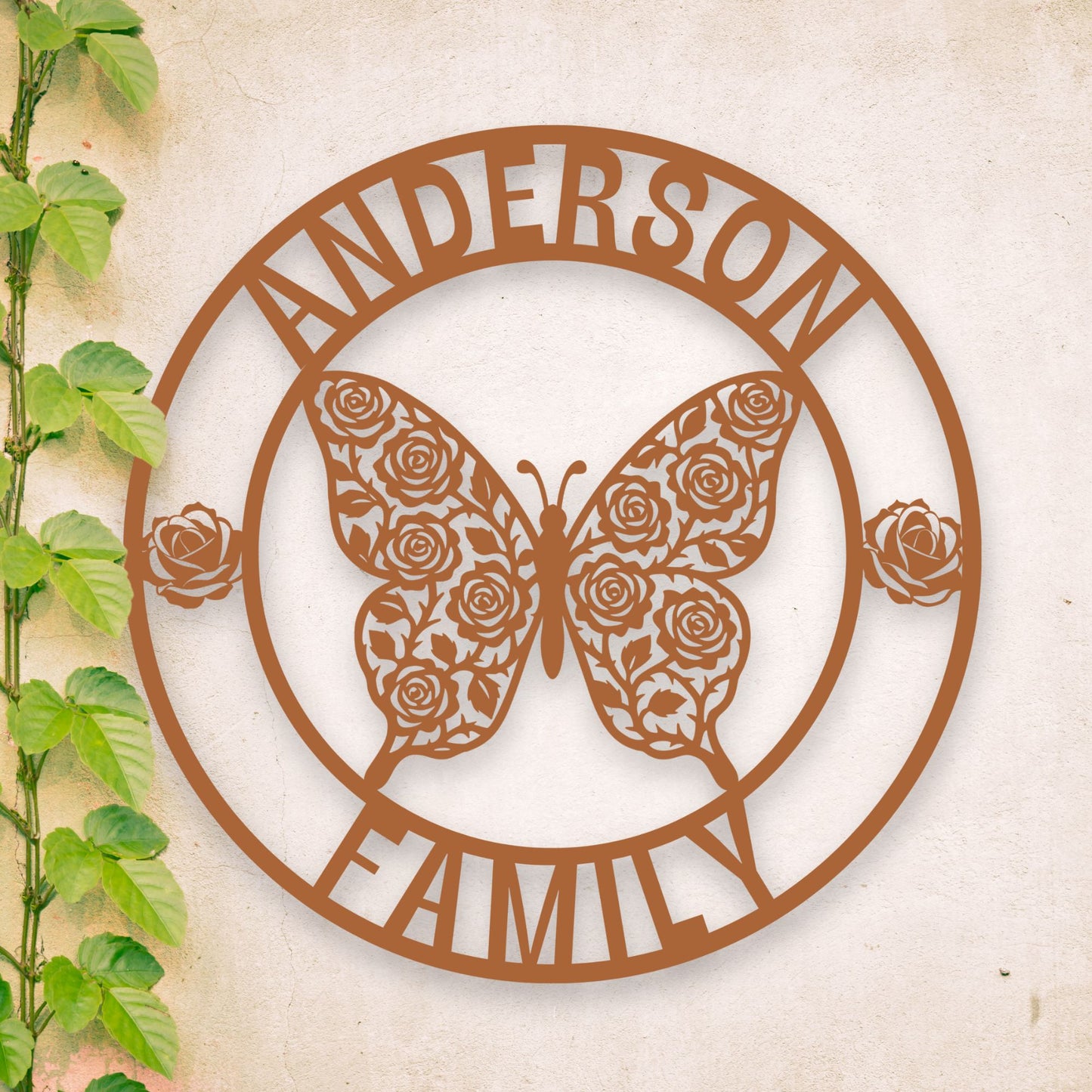 Decorative metal wall art with butterfly and floral design, featuring the text 'Anderson Family'.