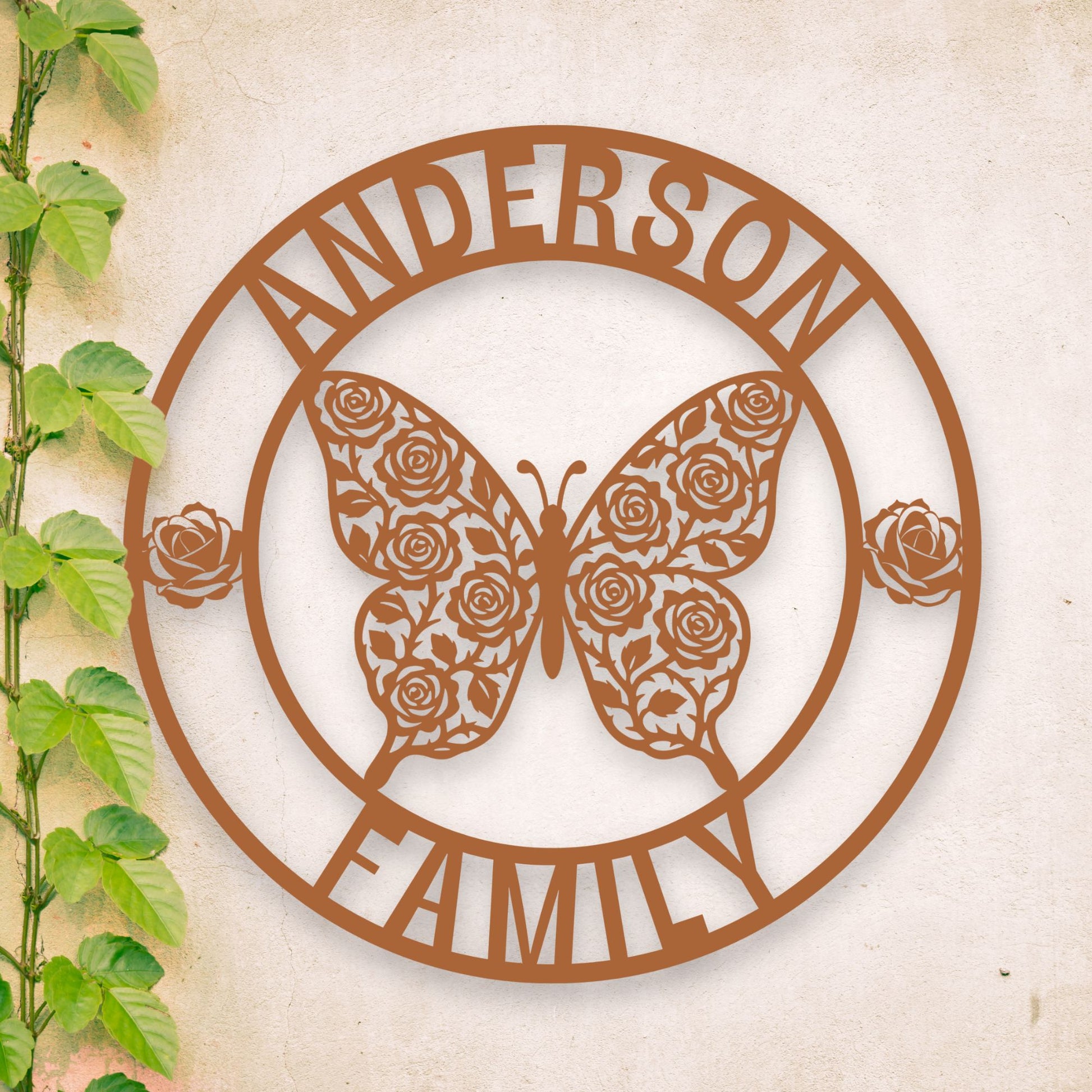 Decorative metal wall art with butterfly and floral design, featuring the text 'Anderson Family'.
