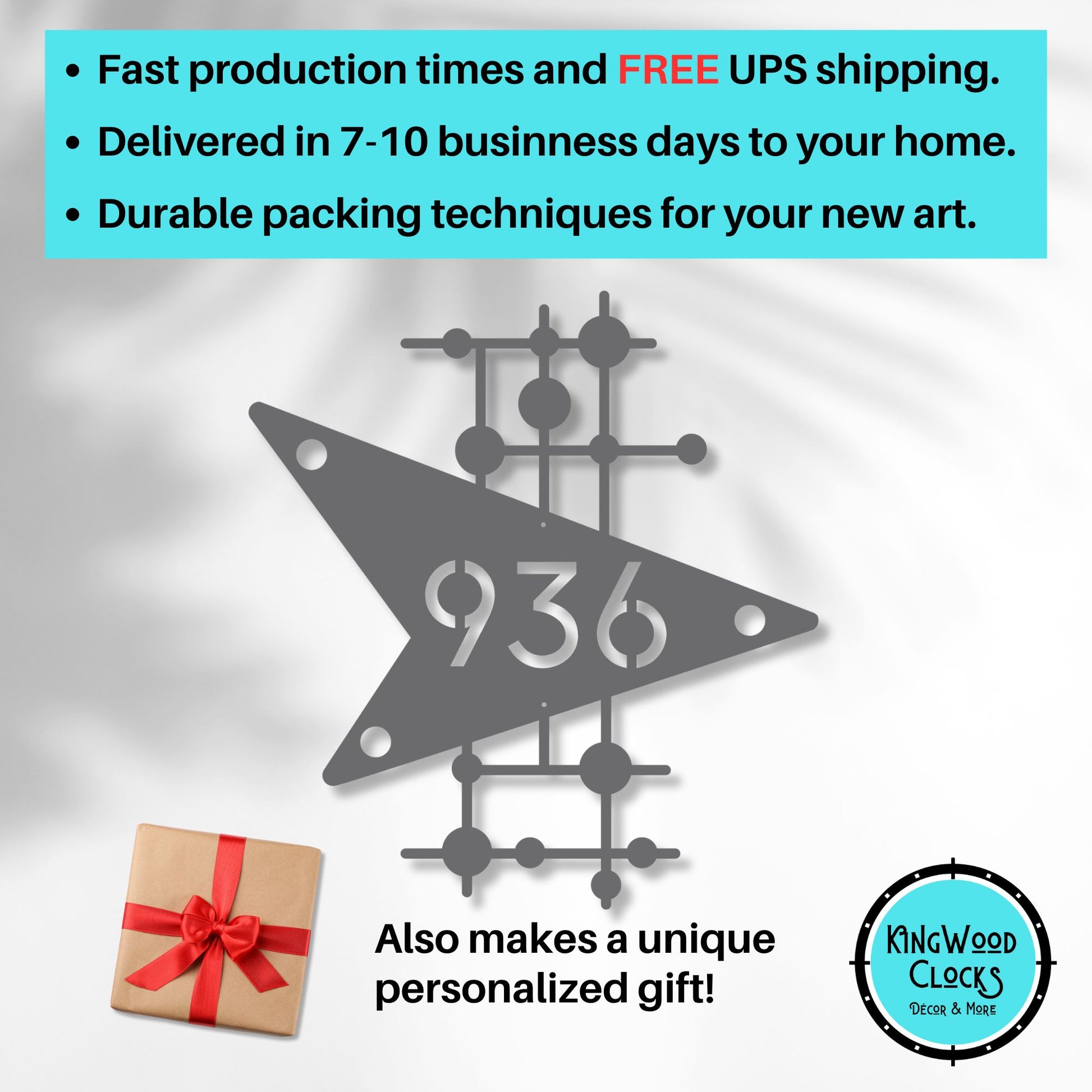 Decorative metal sign with '936' design, gift box, and promotional text on a light gray background.