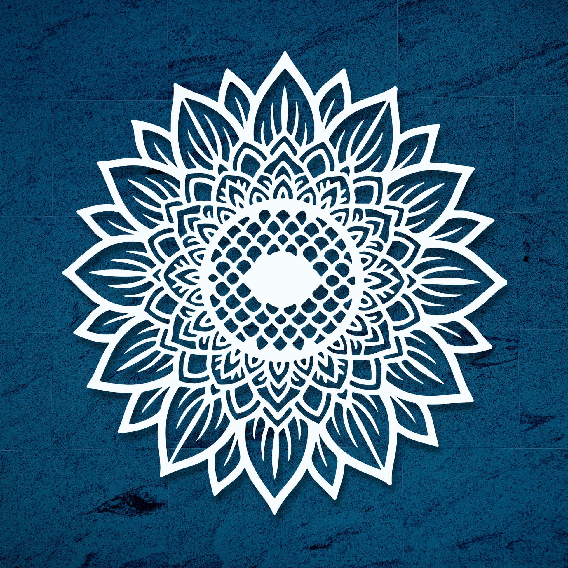 White floral mandala design on a blue textured background
