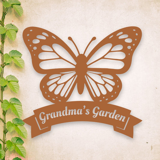Brown butterfly-shaped sign with 'Grandma's Garden' text on a light background