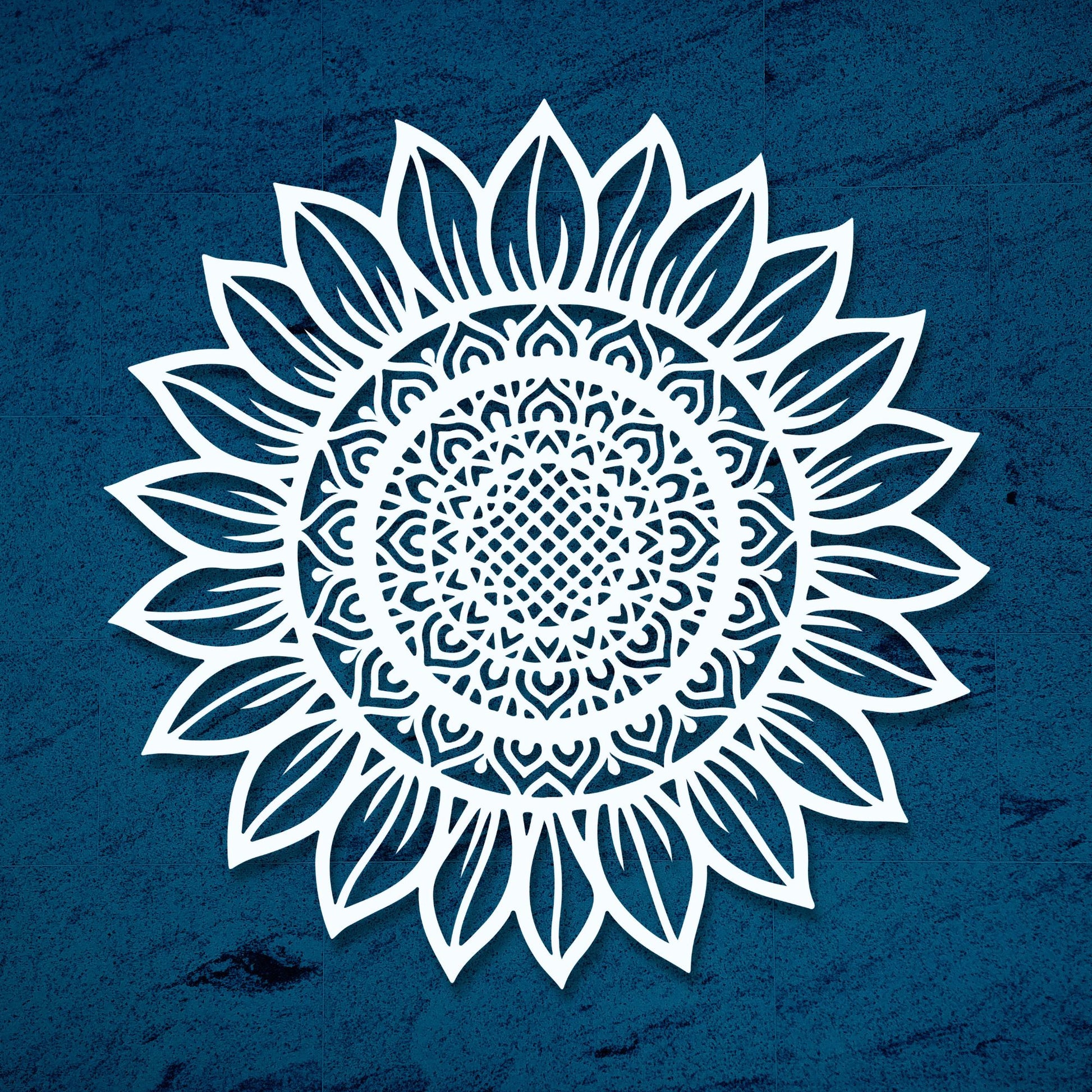 White floral mandala design on a blue textured background