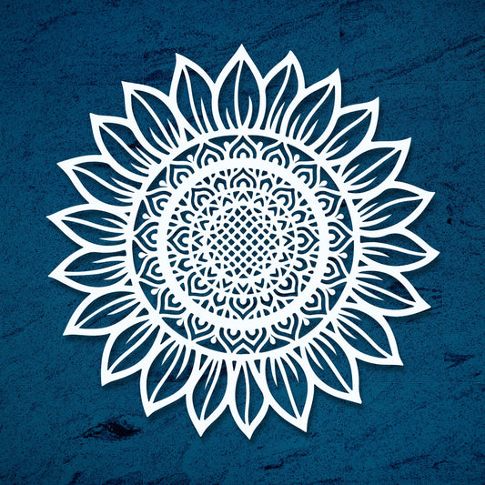White floral mandala design on a blue textured background