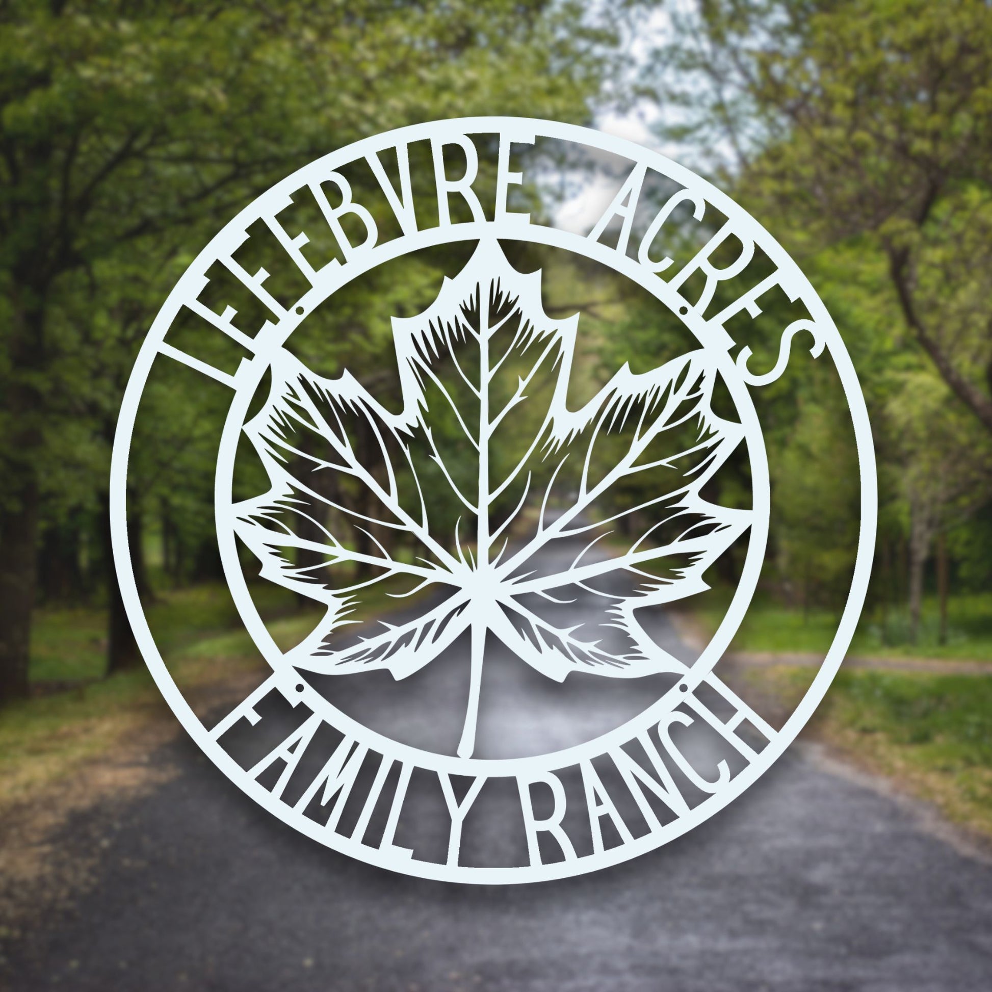 Decorative metal sign with a maple leaf design and text 'Fifebure Acres Family Ranch' in a forest setting.