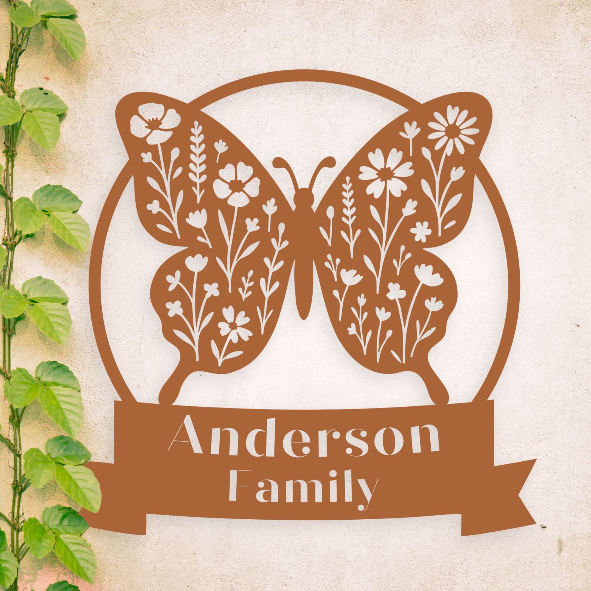 Butterfly-shaped decorative sign with 'Anderson Family' text on a beige background