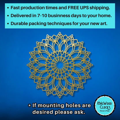 Decorative gold mandala design on a blue background with promotional text and Kingwood Clocks logo.