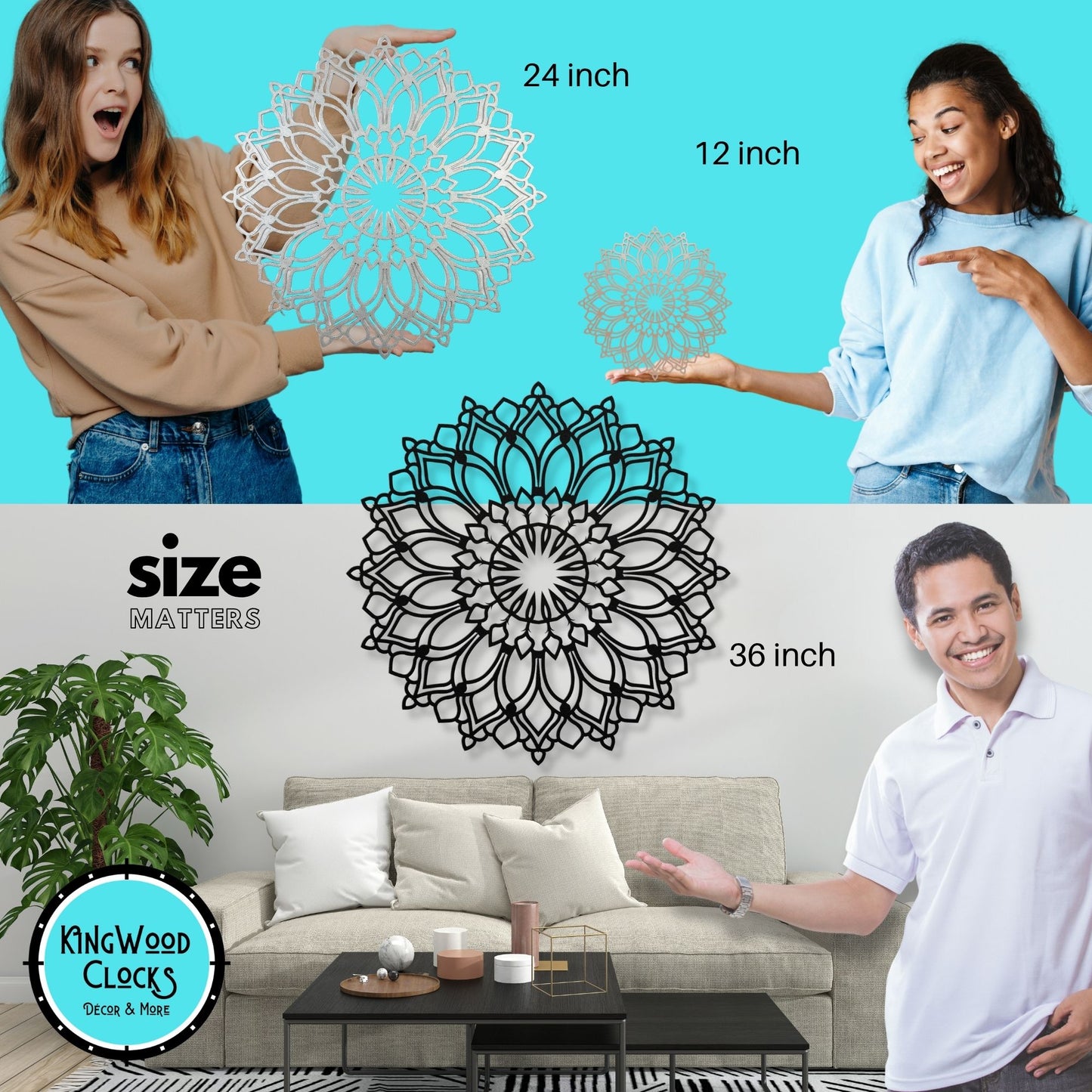 Collage of people holding wall art with size labels, a living room setting, and Kingwood Clocks logo.