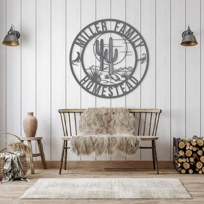 Decorative metal wall art with 'Miller Family Homestead' on a wooden bench and rustic decor.