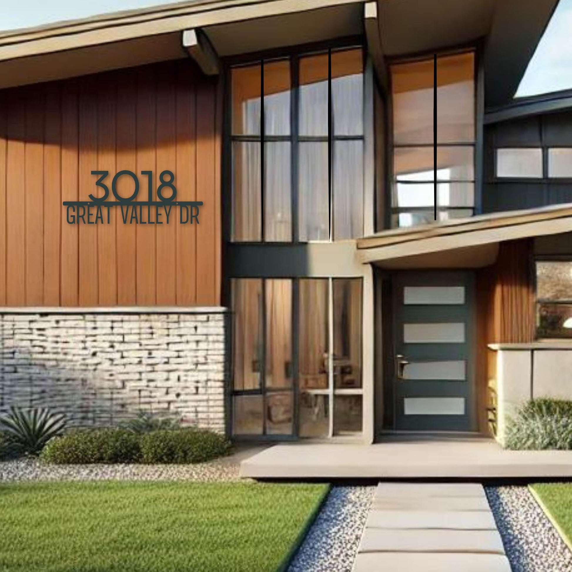 Modern house with '3018 Great Valley Dr' address on the facade