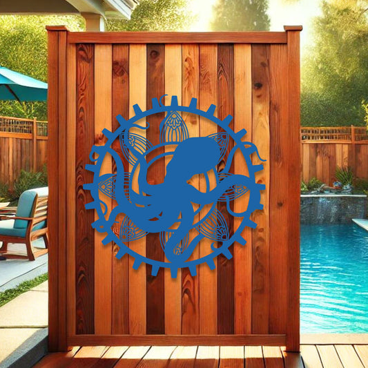 Wooden screen with blue metal fish design near a pool