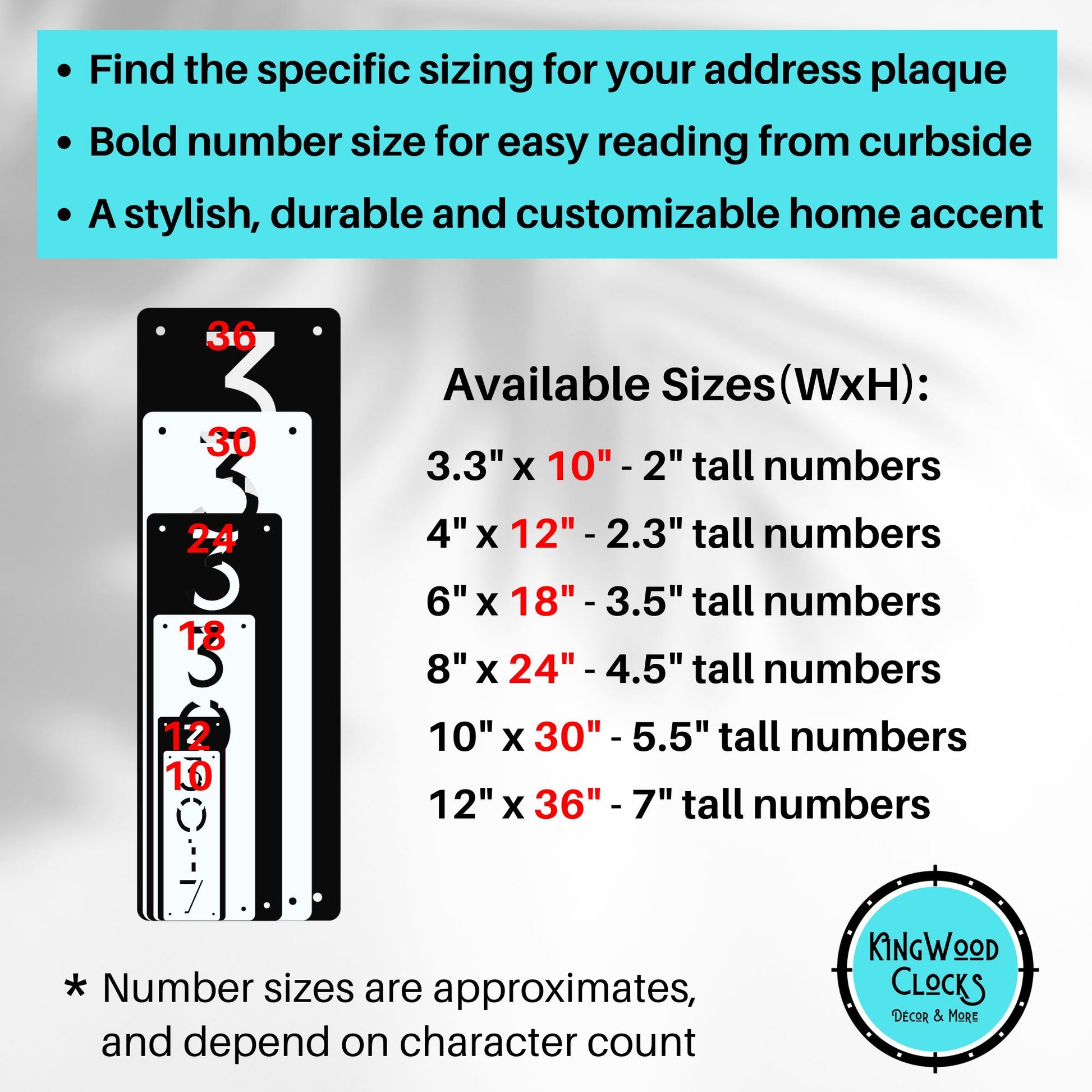 Product description for address plaque sizes with Kingwood Clocks logo.