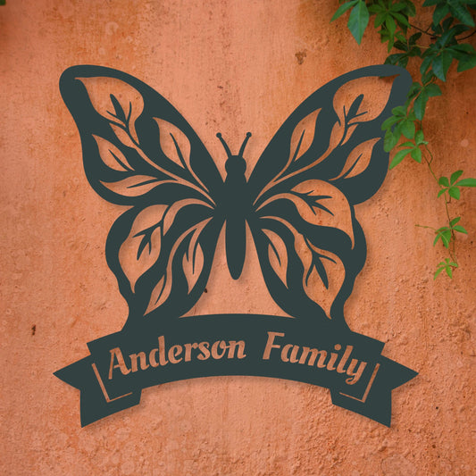 Customized Floral Butterfly Garden Wall Sign charcoal on red wall