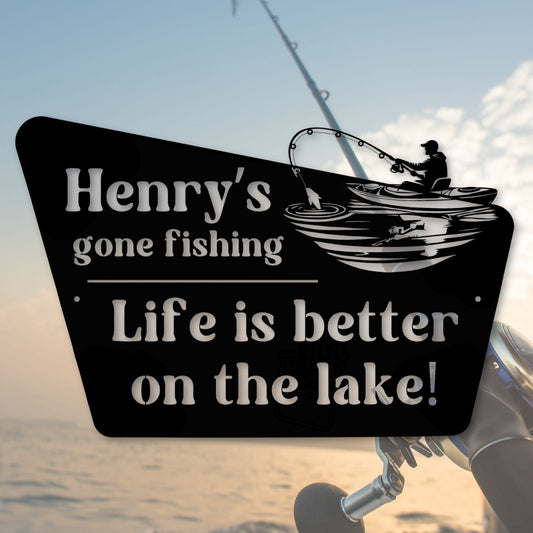 Fishing scene with a sign reading 'Henry's gone fishing Life is better on the lake!' against a sky and water background.