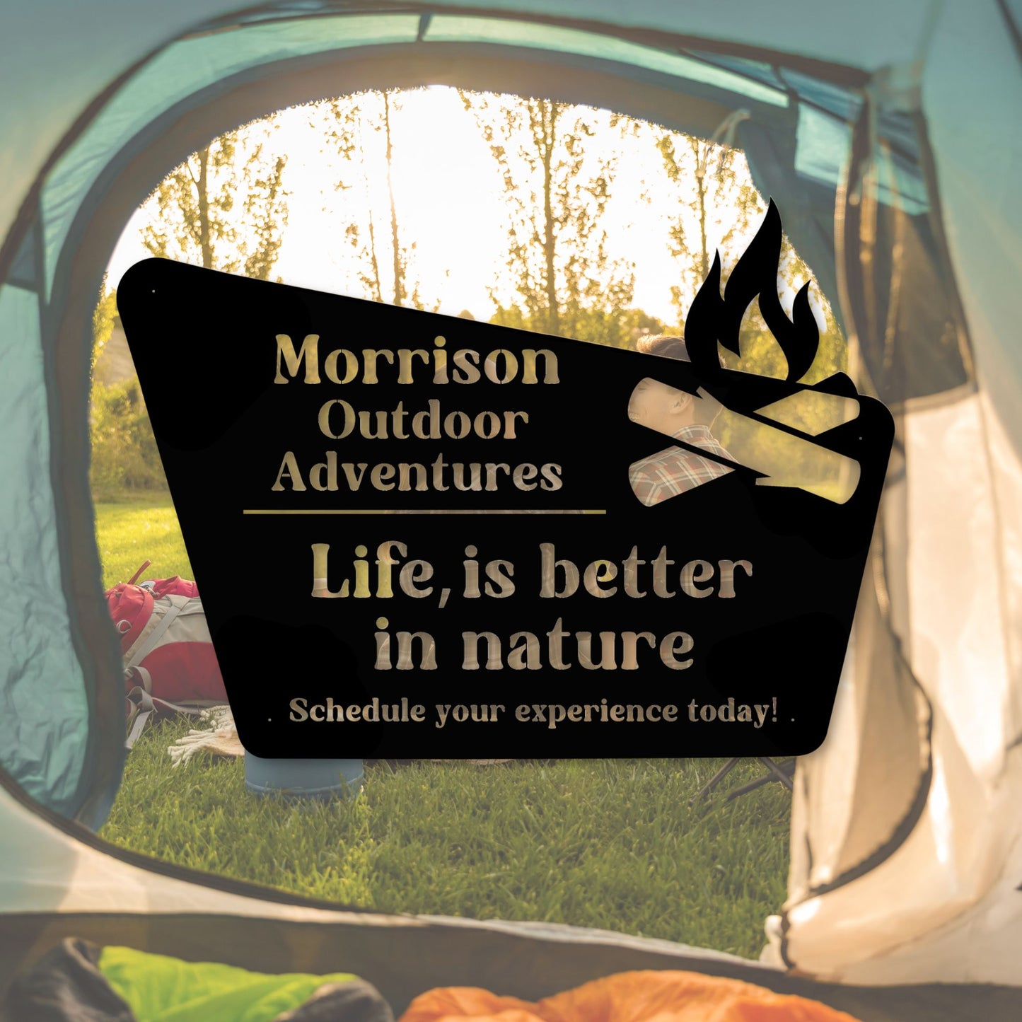 Camping scene with a 'Morrison Outdoor Adventures' sign in the foreground