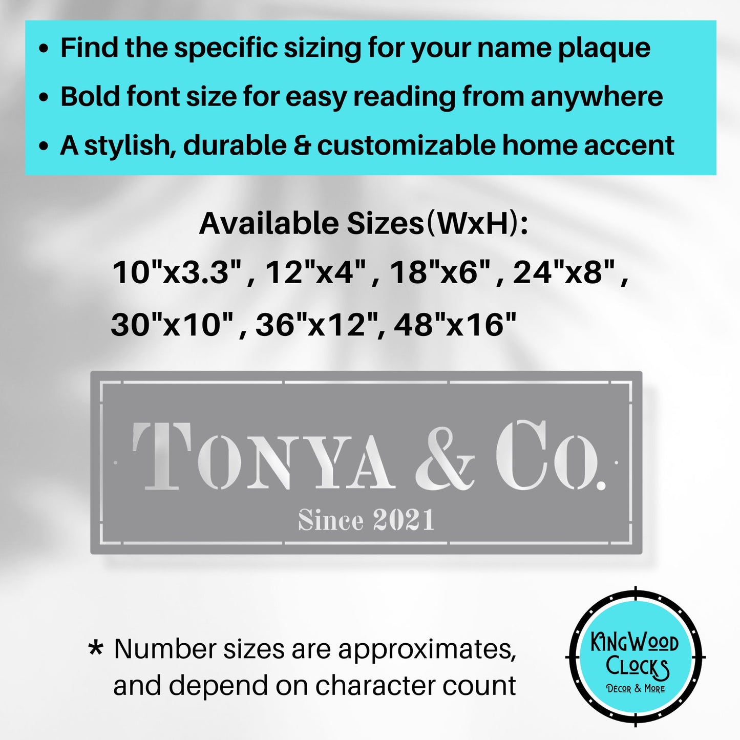 Custom Metal Name Sign, Formal Rectangle Wall Plaque size info