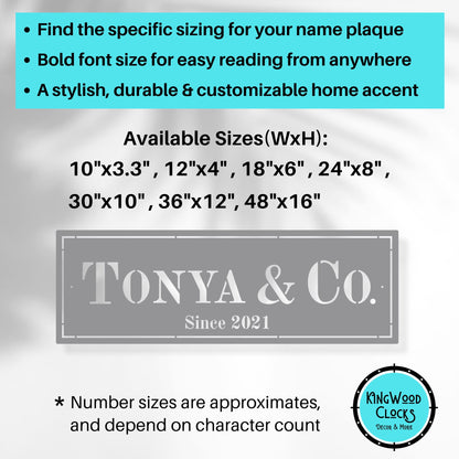 Custom Metal Name Sign, Formal Rectangle Wall Plaque size info