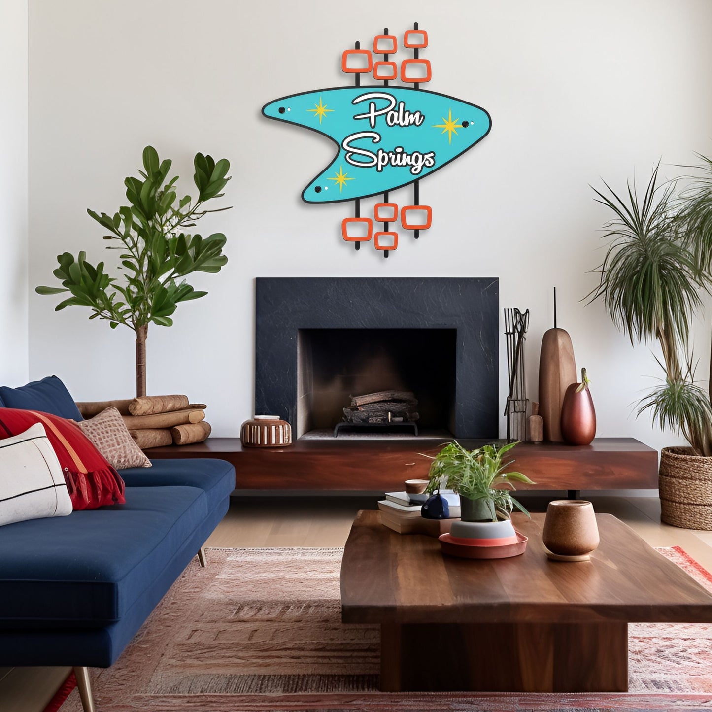 Modern living room with a blue sofa, wooden coffee table, and 'Palm Springs' wall art.