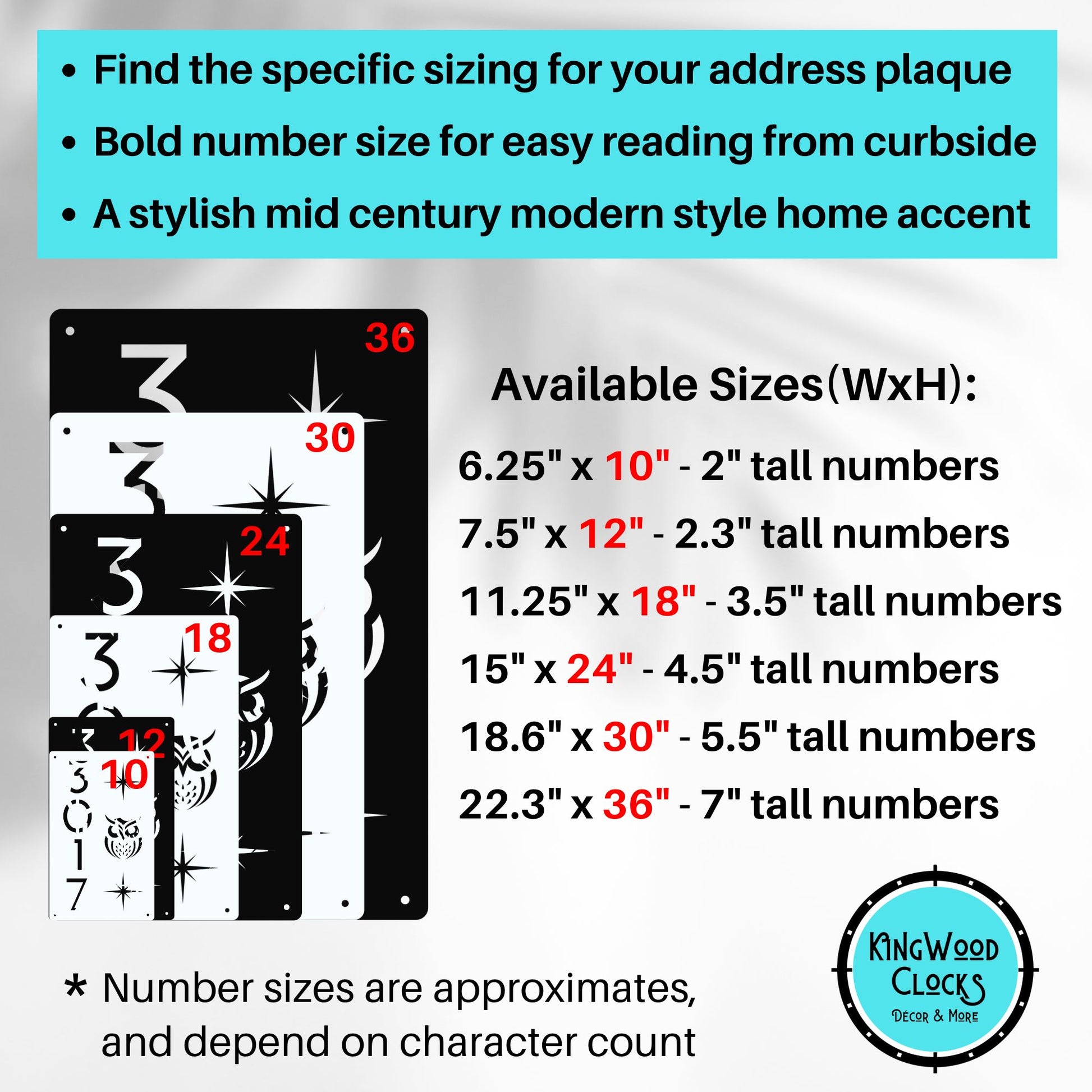 Product description for address plaque with size chart and Kingwood Clocks logo.